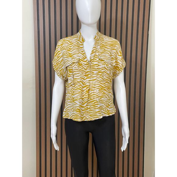 Anthropologie Maeve Women's XS Yellow Shirt Viscose Zebra Print Utility Coastal - Picture 1 of 10